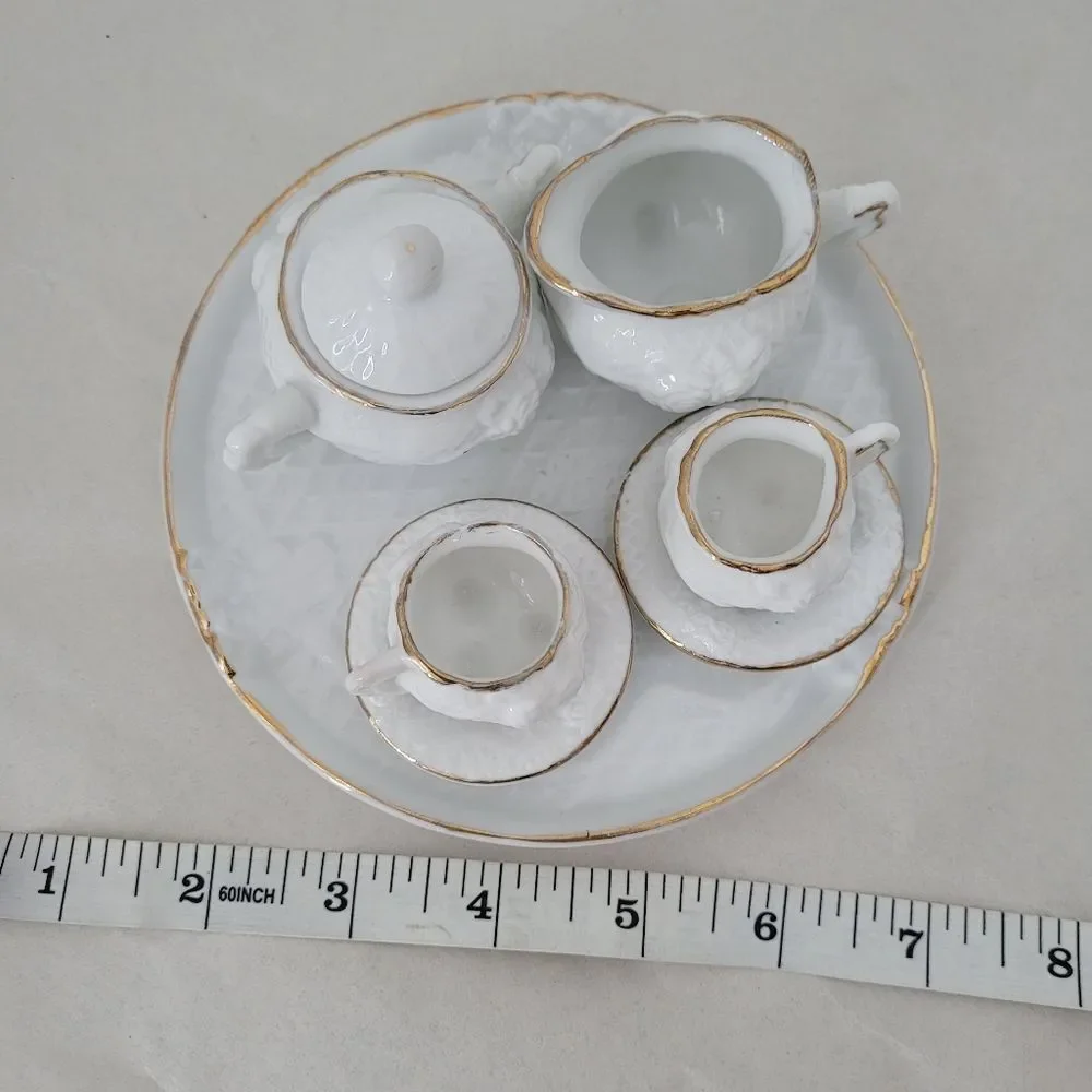 Micro Porcelain Tea Set Display White Gold Trim Tea Party Dollhouse Mini Size